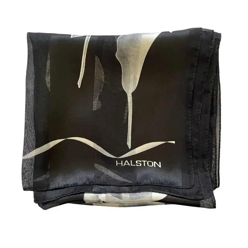 Vintage Halston Calla Lily Italian Striped Chiffon Opaque Monochrome Long Scarf